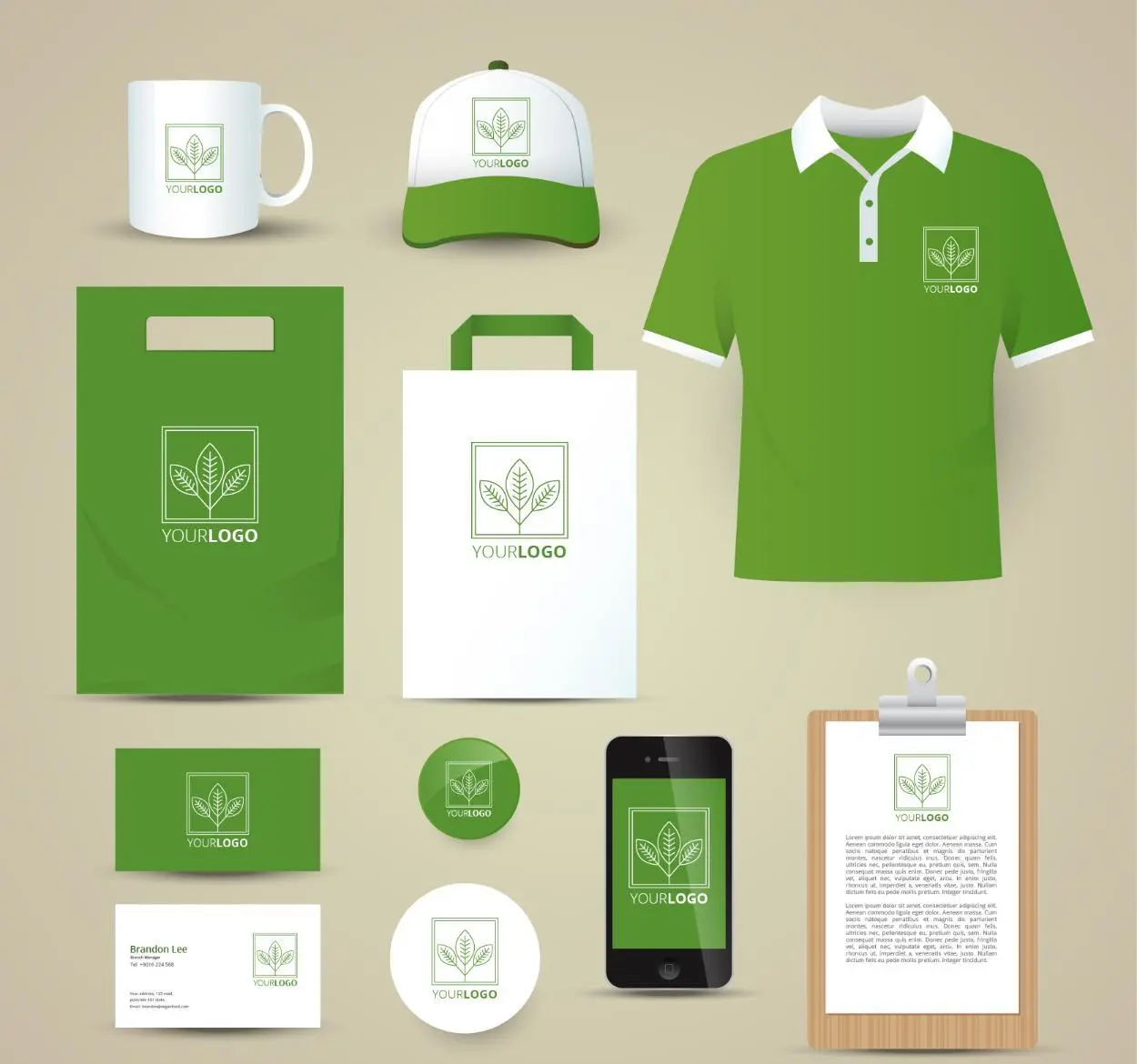 Ilustración de artículos promocionales con identidad visual: taza, gorra, playera y bolsas.